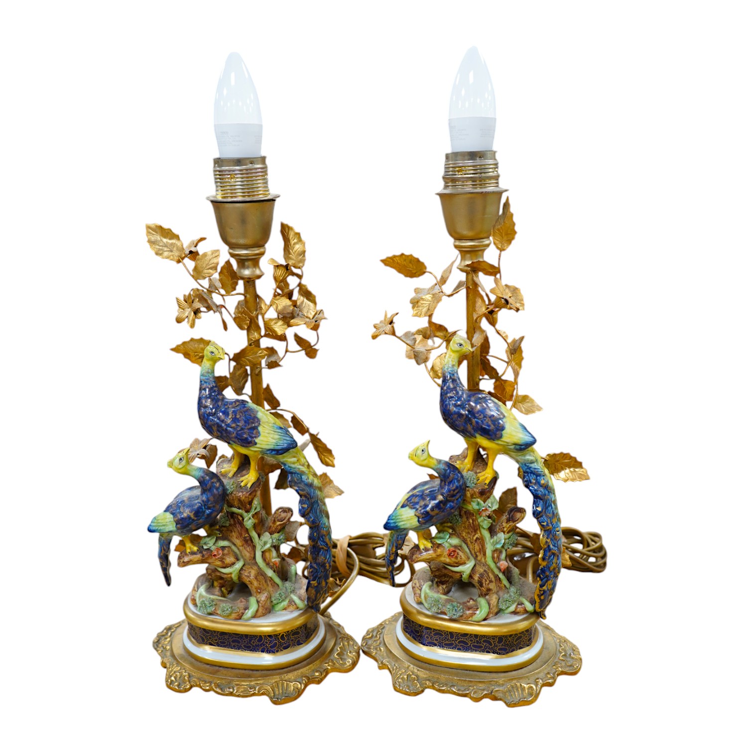 A pair of Sevres gilt metal and ceramic ‘pheasant’ table lamps, 38cm. Condition - good, not tested